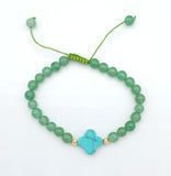 Turquoise Four Leaf Clover and Green Tangling Bead Bracelet