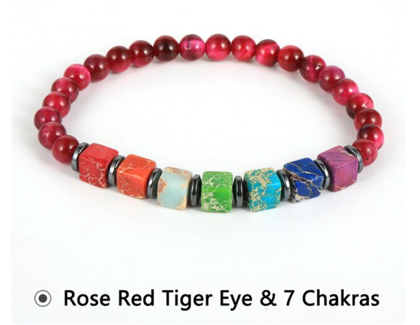 Chakra Square Stones and Red Tiger Eye Bead Bracelet