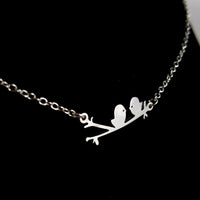 Love Birds on Branch Silver Necklace