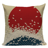 Red Sun Crane Ocean Waves Pillow JP23