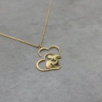 Mother and Baby in Double Heart Gold Necklace