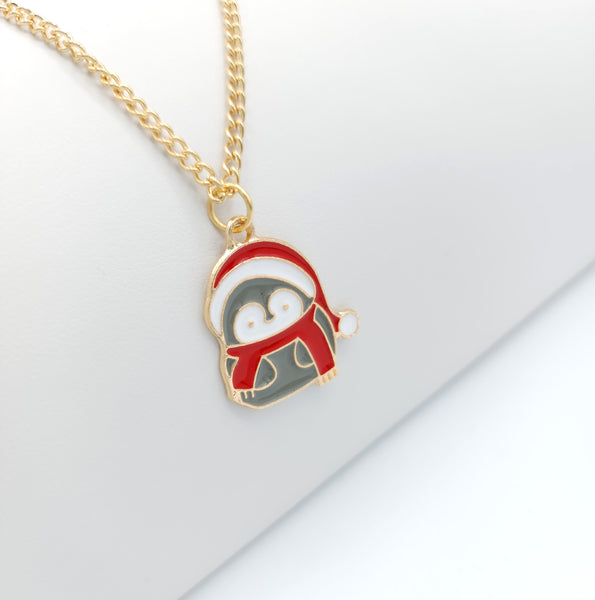 Christmas Penguin Colored Gold Necklace