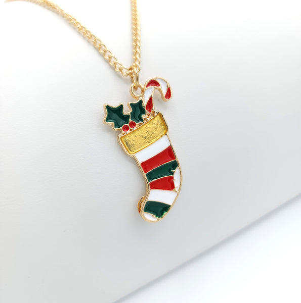 Christmas Stocking Colored Gold Necklace