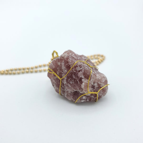 Strawberry Crystal Quartz Raw Stone Gold Necklace