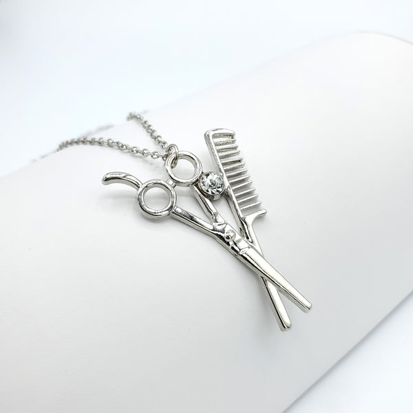 Scissors Comb CZ Silver Necklace